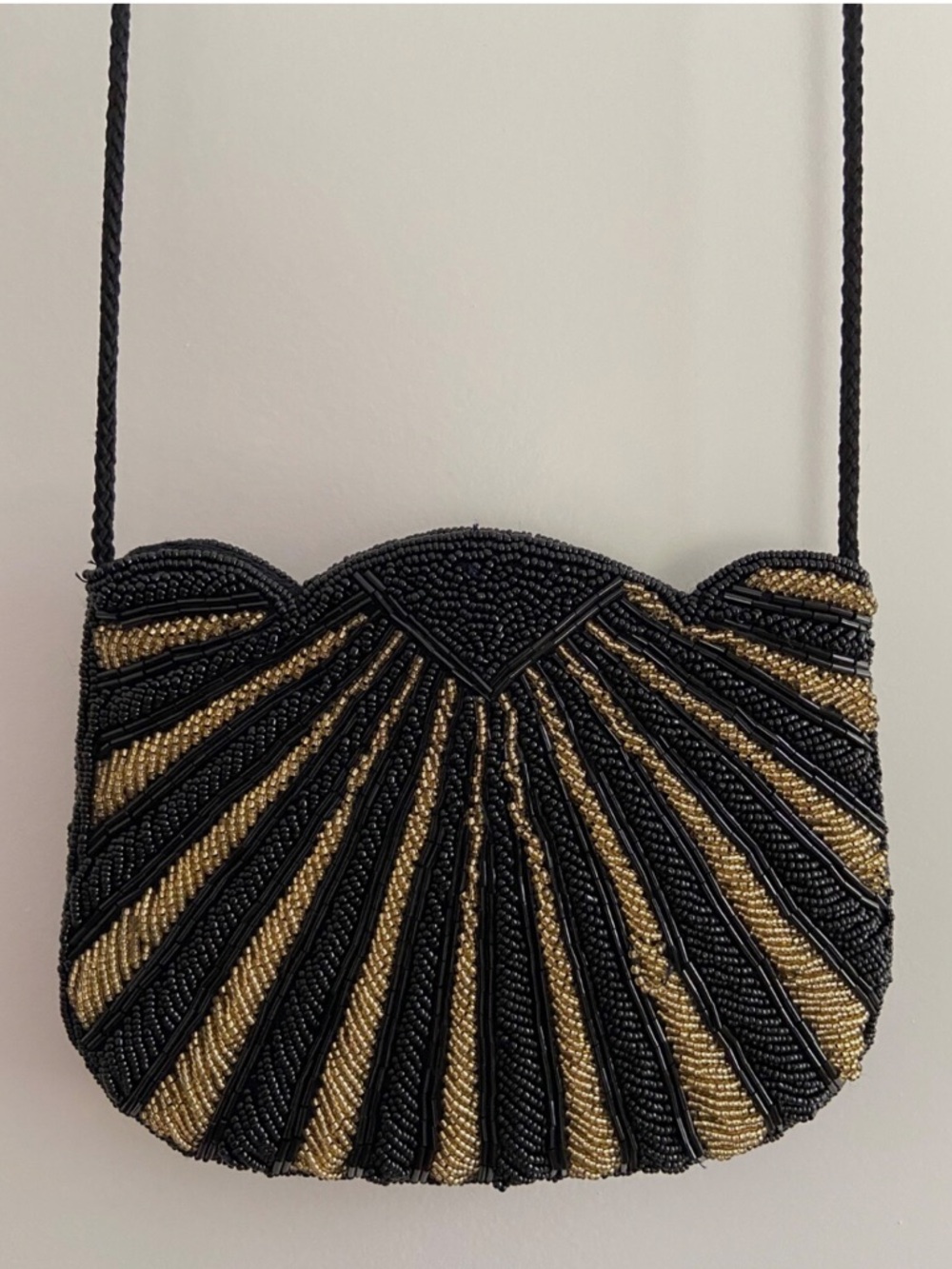 Vintage Carla Marchi Beaded Purse Black Gold Long Shoulder Strap Evening Bag